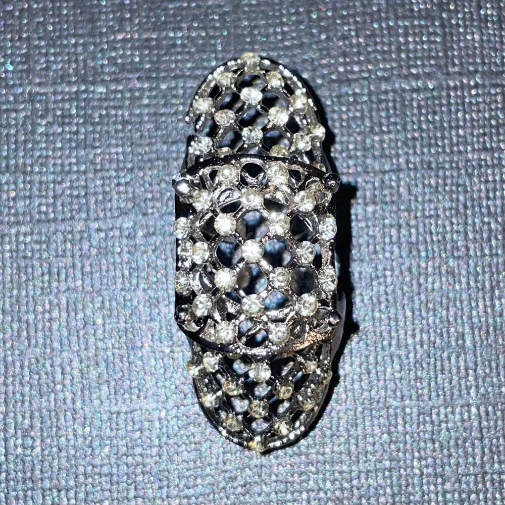 Silvertone Rhinestone Finger Armor Midi Knuckle Ring